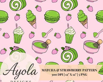 Matcha Strawberry Pattern: Seamless Digital Paper (5 PNG Download)