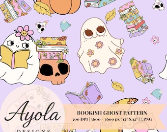 Bookish Ghost Seamless Pattern: Halloween Digital Paper (5 PNG)