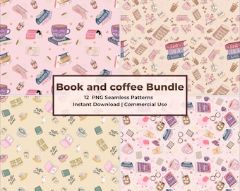 Book and Coffee Seamless Pattern Bundle: Coquette Digital Paper (PNG, Commercial Use)
