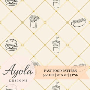 May include: A repeating pattern featuring line drawings of fast food items like burgers, fries, hot dogs, and drinks. The background is a light beige color with a gold diamond grid. The text "FAST FOOD PATTERN" is included in the image.