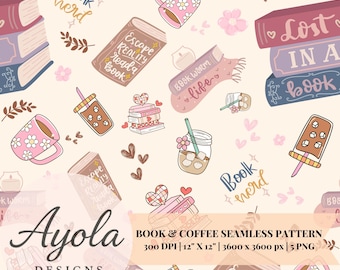 Book Lover Seamless Pattern –  Coquette Books and Coffee (5 PNG Digital Download)