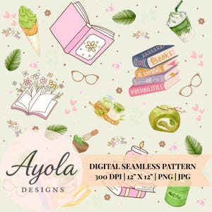 Könnte beinhalten: Digitales nahtloses Muster mit Illustrationen von Büchern, Matcha, Eiscreme und Brillen. Das Design enthält den Text "Books: a world of possibilities" und "Matcha". Das Muster ist 30,48 cm x 30,48 cm groß und in PNG- und JPG-Formaten.
