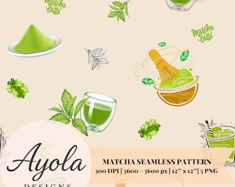 Matcha Seamless Pattern: Green Tea, Ice Cream ( 5 PNG Digital Download)