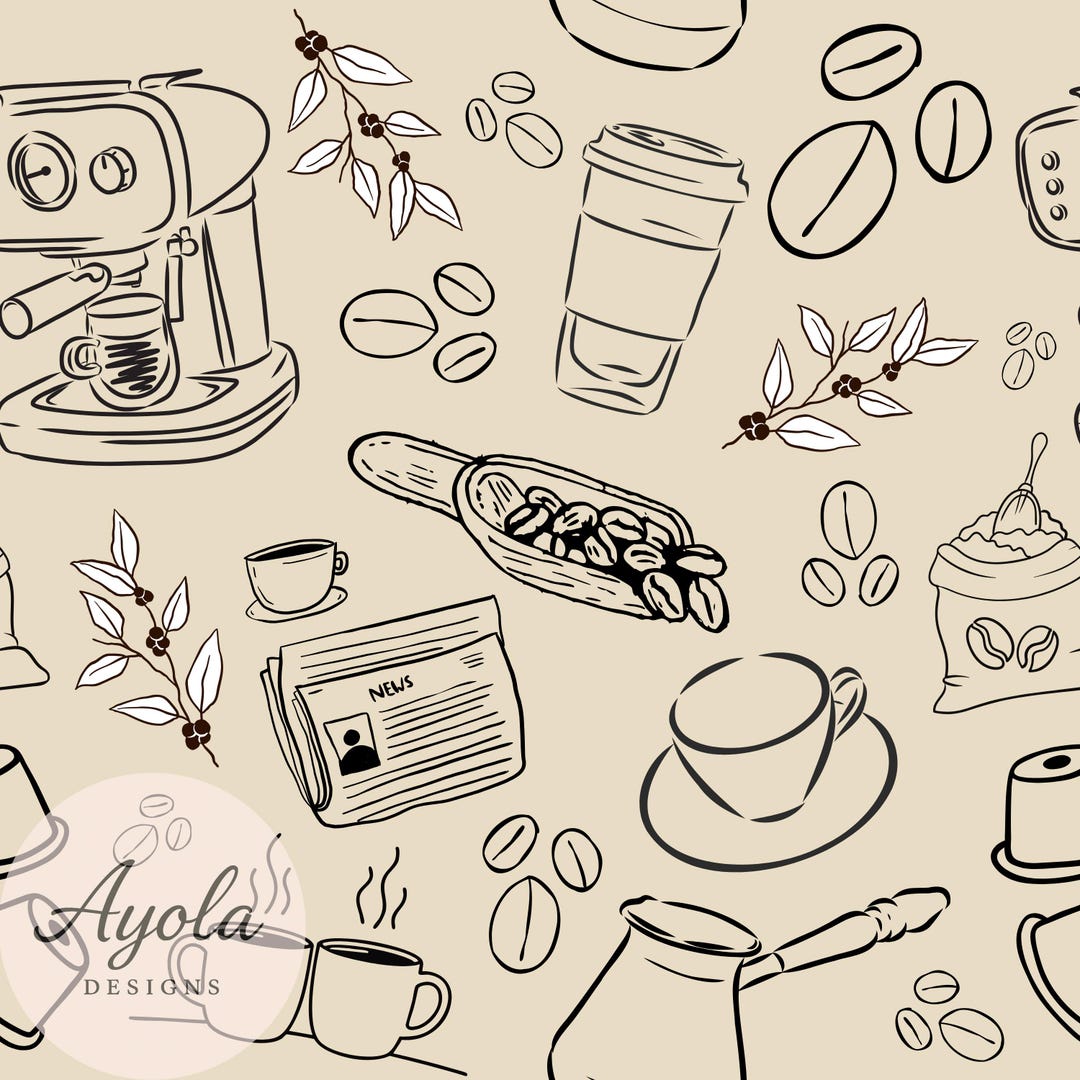 Coffee Line Art Seamless Pattern Digital Paper Set (PNG + JPEG Download ...