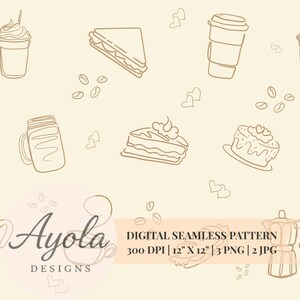 Sömlöst mönster för kafé: Café Clipart, mysig linjekonst (nedladdning av 3 PNG 2 JPG)