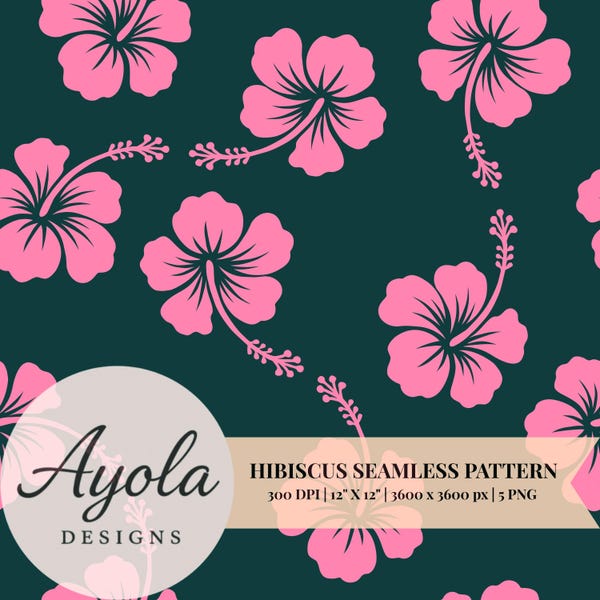 Hibiscus Seamless Pattern Tropical Floral Summer Hawaiian (5 PNG Instant Download)