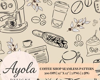 Könnte beinhalten: Nahtloses Kaffeemuster mit Strichzeichnungen von Kaffeebohnen, Tassen, einer Espressomaschine und einem To-Go-Becher. Das Design beinhaltet Zweige mit Blättern und den Text "Ayola Designs" und "COFFEE SHOP SEAMLESS PATTERN".