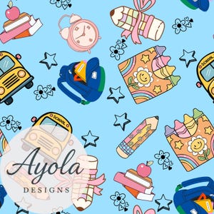 Kawaii School Supplies Seamless Pattern: Crayons, Books, Bus (Digital Download)