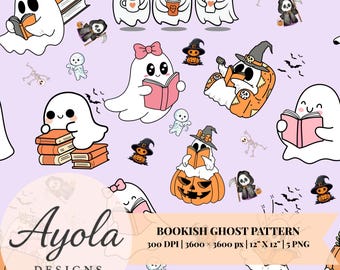 Bookish Ghost Seamless Pattern, Halloween PNG (Instant Digital Download)