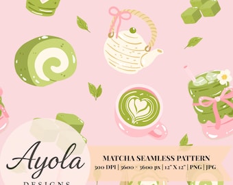 Matcha Green Tea Seamless Pattern: Digital Paper Backgrounds (PNG + JPG Download)