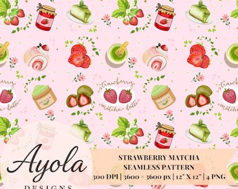 Strawberry Matcha Latte Seamless Pattern: 4 PNG Digital Paper