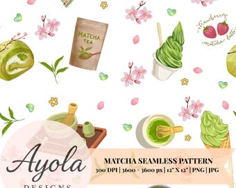 Matcha Strawberry Dessert Seamless Pattern ( PNG / JPG Digital Download)