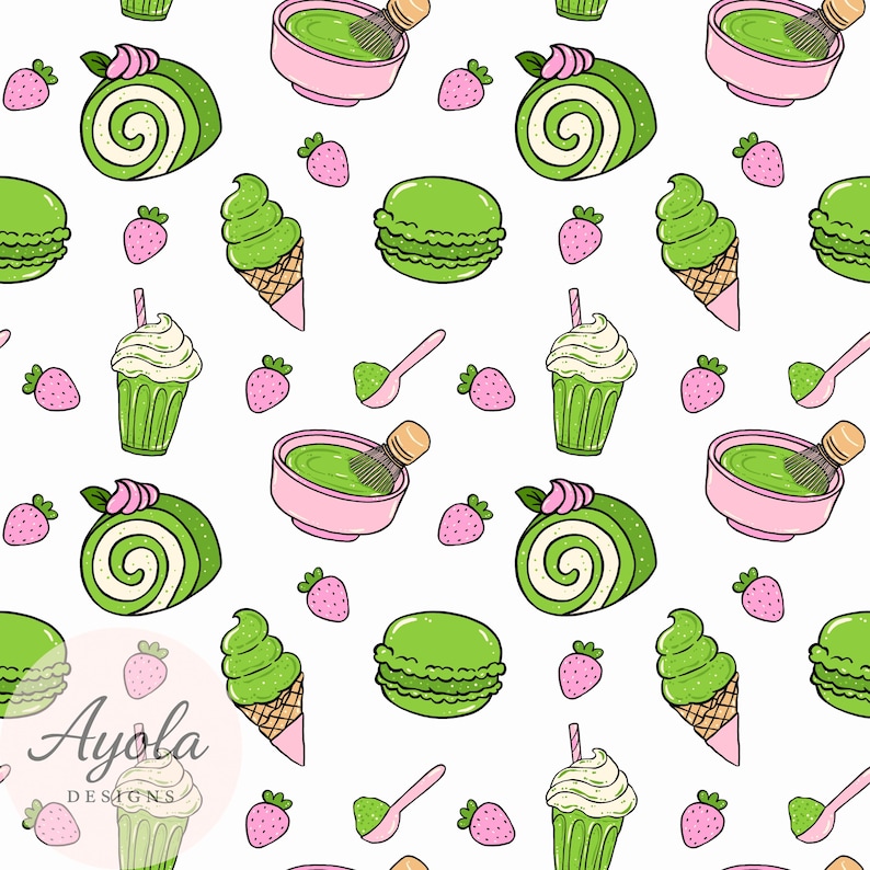 Matcha Design Pattern Matcha Strawberry Pattern: Seamless Digital Paper (5 PNG Download) - Etsy