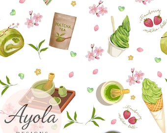 Matcha Strawberry Dessert Seamless Pattern: Kawaii Cafe Print (Digital Download)