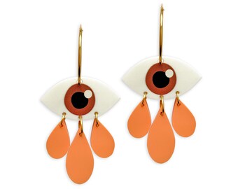 Eye Hoop Earrings - Crying Teardrops Drops Tears Cry Baby Peachy Peach Brown Orange Colorful Statement Gold Mystical