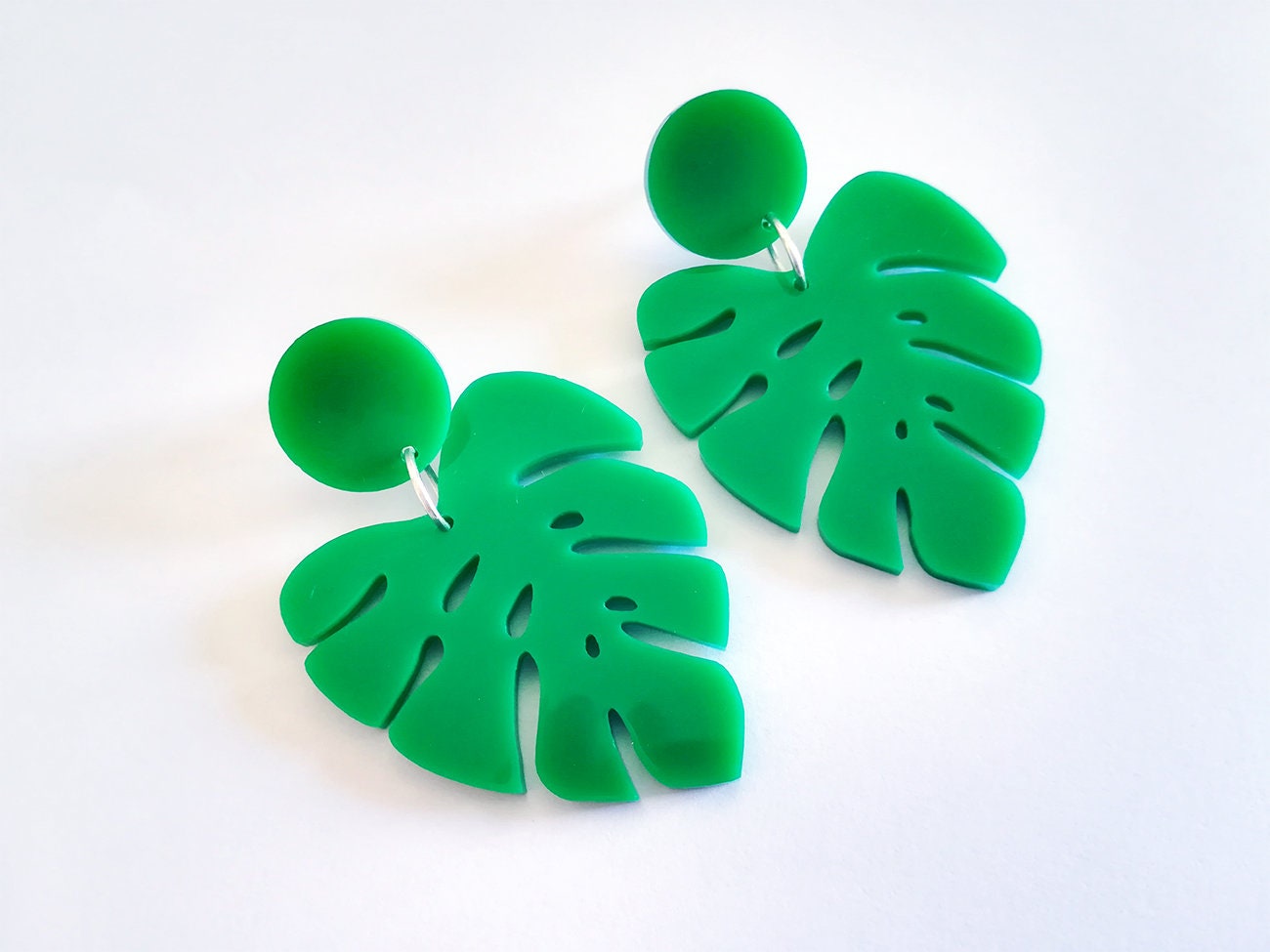 Pink Monstera Earrings Tropical Palm Leaf Summer Retro Colorful Perspex