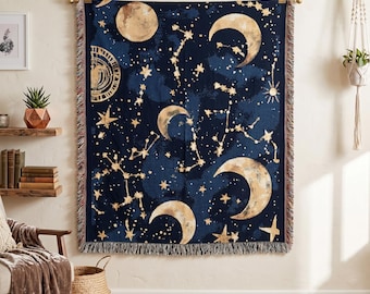 Celestial wandtapijtdeken | Geweven plaid wassende maan en sterren | Boho-muurdecoratie