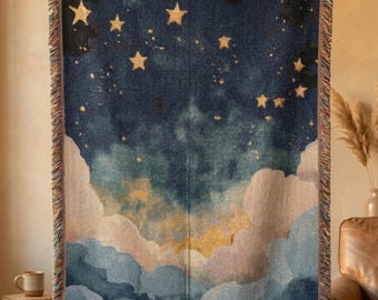 Geweven deken met sterrenhemel | Gouden sterren en wolken hemels plaid | Boho-tapijt
