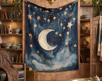 Geweven deken Night Sky | Hemelse worp vallende sterren en maan | Boho-tapijt