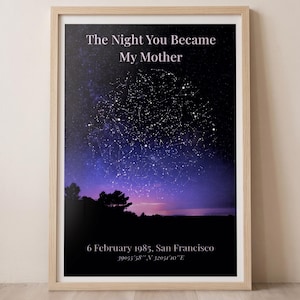 May include: Framed print featuring a starry night sky with the text "The Night You Became My Mother." The date and location, "6 February 1985, San Francisco," are printed below the image. The print is in a light wood frame.
