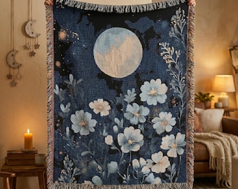 Geweven deken met volle maan bloemen | Hemelse botanische plaid | Bohocadeau voor haar