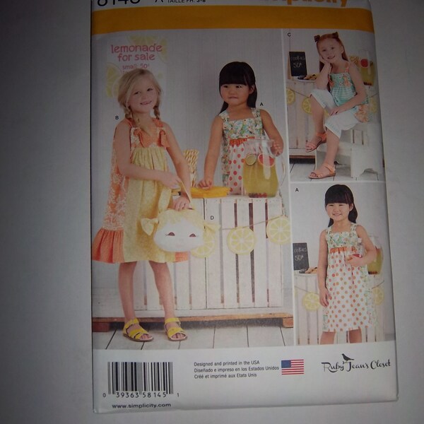 Simplicity 8145 Child's Dresses Top Capri Pants and Purse Sizes 3-8