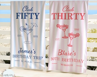 Personalized The Birthday Party Beach Towel,Striped Pool Towel,30th/40th/50th/60th Birthday Towel,Family Vacation,Tropical Vacation Gift