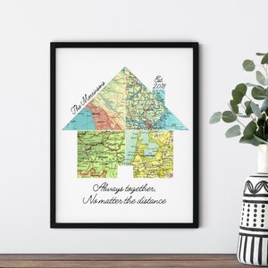 A house shape map art, featuring any worldwide city or town. This made to order wall art print can be used as a unique anniversary gift for parents to celebrate their life journey!