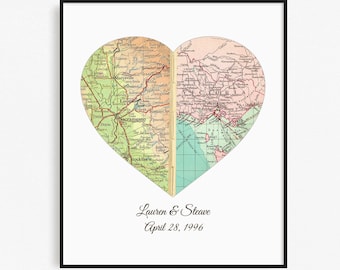 Personalized Map Valentines Gift, Heart Map Art, Valentines Day Gift for Him, Gift for Husband - Engagement Custom Map Print