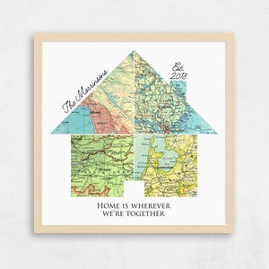 A customized wall art print using vintage map images, displaying four meaningful cities. The family name and a date is also featured. The quote Home is wherever we're together under the map art is optional.