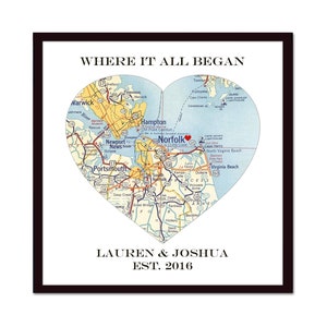 Personalized Heart Map Custom Location Wedding Gift for Couple | One Year Anniversary/Bridal Shower or Engagement Where We Met Map Print