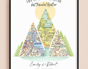 Custom Travel Map Art Wedding Gift for Couple | Unique Engagement/Anniversary Gifts for Husband, Travel Map Couples Mountain Art Print