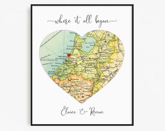 Where We Met Map, Bridal Shower, Anniversary or Valentine Gift, Where it all Began Engagement Gift, Unique Custom Location Map Print