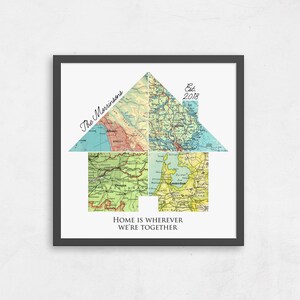 A personalized map wall art in the shape of a house, featuring four cities or towns of your choice. This custom map art makes the perfect personalized gift for your husband, wife or parents.