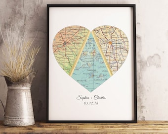 Anniversary Gifts for Parents, Unique Gift for Mom, Personalized Heart Map Print, Custom Anniversary Gift for Husband, Dad, Map Wall Art