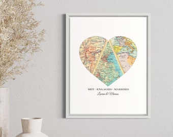 Met Engaged Married Map Art, Bridal Shower Wedding Gift, Unique Anniversary, Custom Location Map, Personalized Map Heart, Where We Met Print