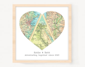 Custom Engagement Map Print, Personalized Wedding Gift for Couple | Adventure Together Heart Art Print