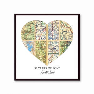 Custom Map Unique Wedding Anniversary Gift for Parents | Couples Personalized 40th 50th 60th Anniversary Gift, Map Heart Family Print 8 Maps