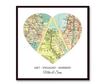 Personalized 3 Map Heart, Unique Wedding Gift for Couple, Custom Map Art, Love Story Map, Anniversary Gift, Where We Met Map Art Print