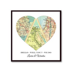 Custom Three Location Map Heart | Unique Personalized Wedding Gift for Couple | Where We Met Map Art Print