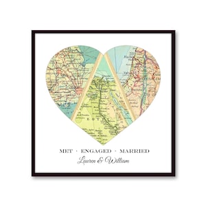 Unique Wedding Gift for Couple, Engagement, Personalized Map Heart Art, Anniversary Gift Bridal Shower Gift, Met Engaged Married 3 Map Heart