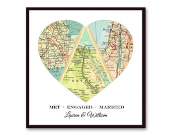 Unique Wedding Gift for Couple, Engagement, Personalized Map Heart Art, Anniversary Gift Bridal Shower Gift, Met Engaged Married 3 Map Heart