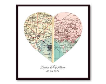 Personalized Heart Map Print Anniversary Gift | Custom Wedding Gift, Paper Anniversary Map Art, Engagement Gift
