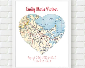 Personalized Map Baby Gift, New Baby Room Decor, Newborn Gift, Baby Name Art, Heart Map Art Nursery Decor