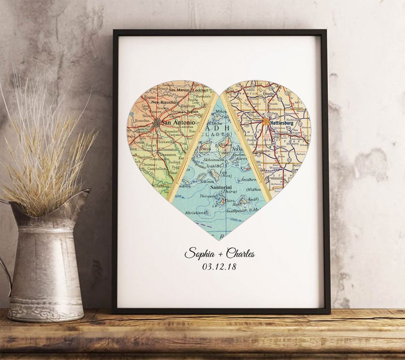 Wedding Gift for Couple, Custom 3 Map Art, Adventure Together, Heart Map Gift, Personalized Map Art Print, Long Distance Romantic Gift image 2