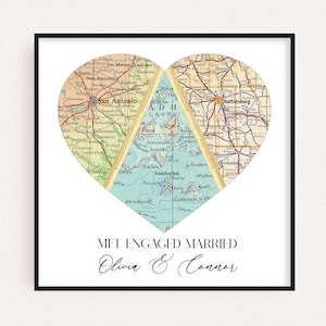 A custom map art print with map locations of meaningful places for the couple and the text displays their 40th anniversary date and names