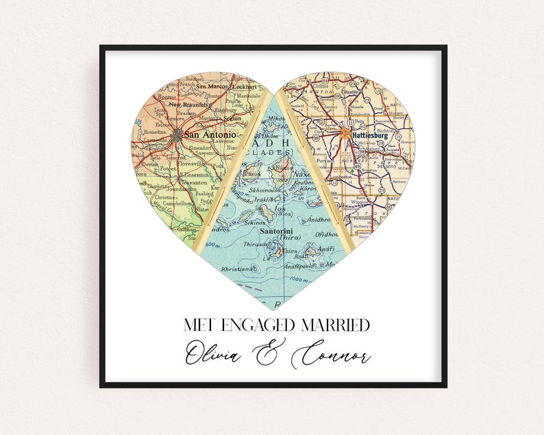 A custom map art print with map locations of meaningful places for the couple and the text displays their 40th anniversary date and names