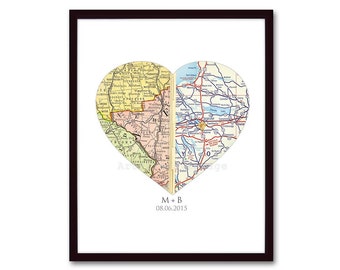 Custom Map Art, Wedding Heart Map, Engagement or Wedding Gift for Couple, Personalized Valentines Gift Anniversary Location Map Heart Print