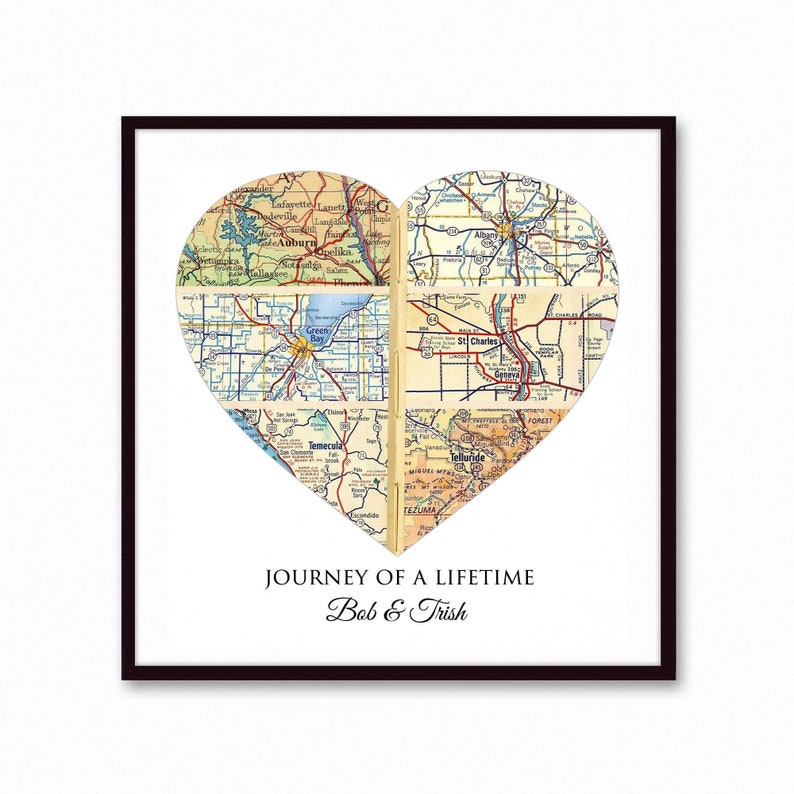 A customizable heart map print showing city map locations with the text 'Journey of a Lifetime' and personalized with the couples names, anniversary and wedding dates below.