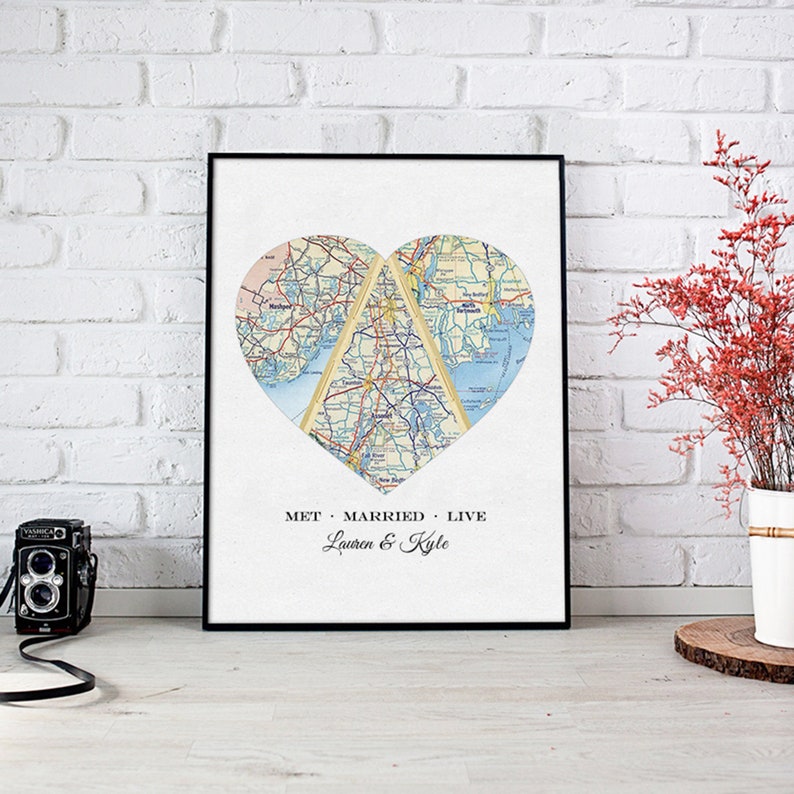 Unique Wedding Gift for Couple, Engagement, Personalized Map Heart Art, Anniversary Gift Bridal Shower Gift, Met Engaged Married 3 Map Heart image 3